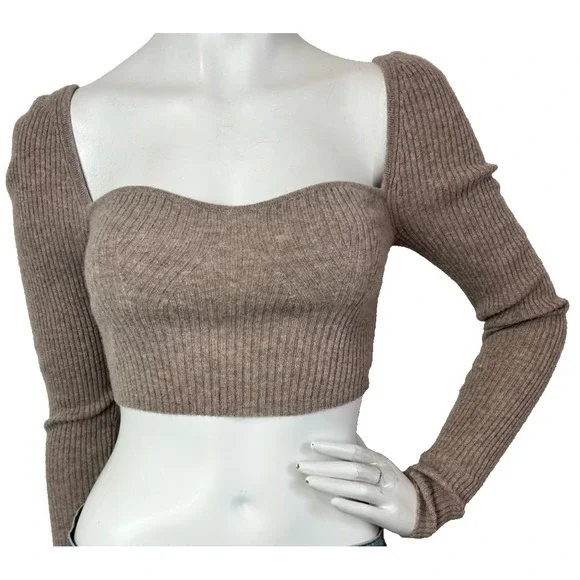 Reformation Aries Cashmere Sweater Women Size Small Oatmeal Cropped Tie Back L/S - Picture 2 of 10